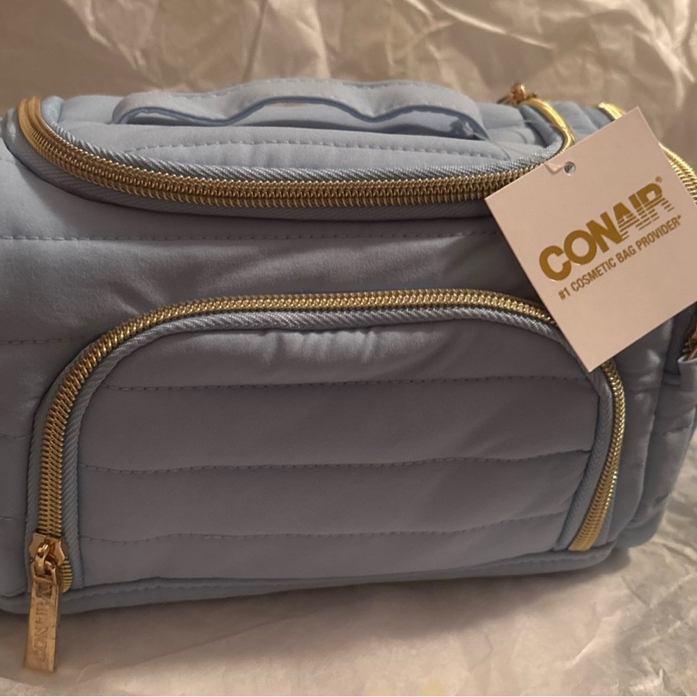 Conair Quilted Light Blue Cosmetic Case Toiletry bag with Gold Zippers